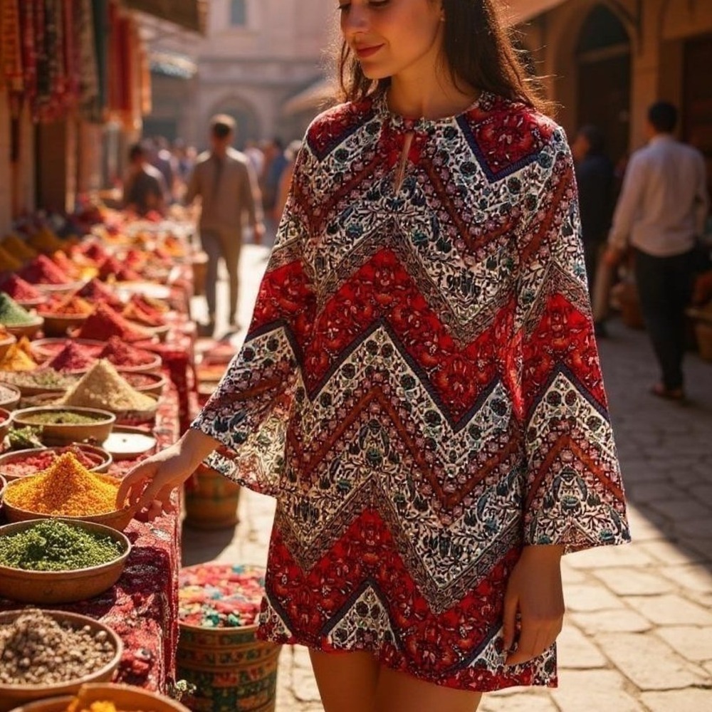 City Triangles Dress Womens Medium Red Boho Chevron Print‎ Long Sleeve Festival